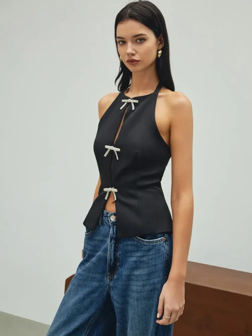 COMMENSE Tank Tops & Camis|Tops^Rhinestone Bow Decor Halter Tank Top Black