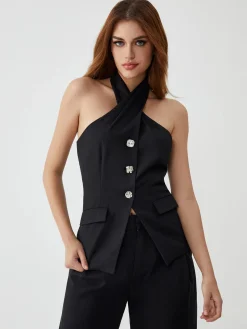 COMMENSE Tank Tops & Camis|Tops^Rhinestone Button Halter Top Black