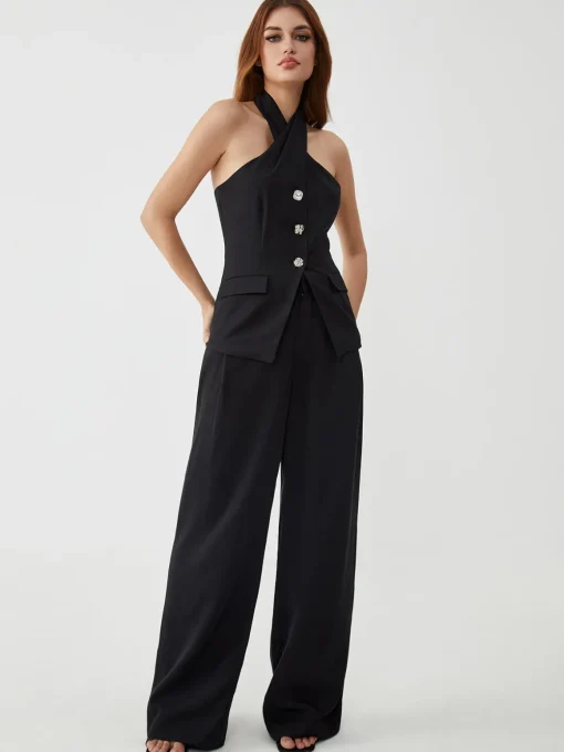 COMMENSE Tank Tops & Camis|Tops^Rhinestone Button Halter Top Black