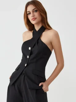 COMMENSE Tank Tops & Camis|Tops^Rhinestone Button Halter Top Black