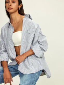 COMMENSE Tops^Rhinestone Dot Pinstripe Pocket Shirt Grey
