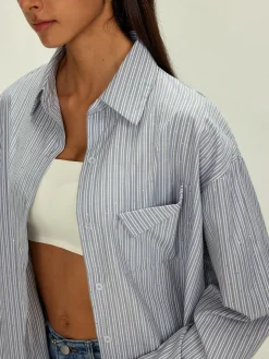 COMMENSE Tops^Rhinestone Dot Pinstripe Pocket Shirt Grey