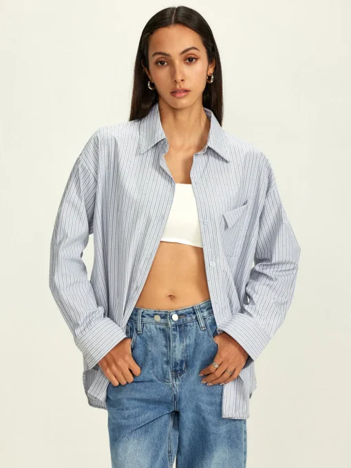 COMMENSE Tops^Rhinestone Dot Pinstripe Pocket Shirt Grey