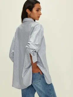 COMMENSE Tops^Rhinestone Dot Pinstripe Pocket Shirt Grey