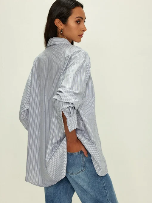 COMMENSE Tops^Rhinestone Dot Pinstripe Pocket Shirt Grey