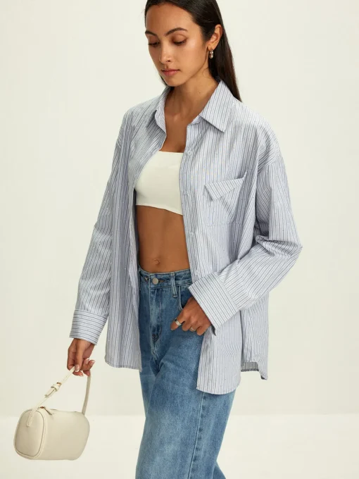 COMMENSE Tops^Rhinestone Dot Pinstripe Pocket Shirt Grey