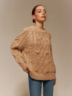 COMMENSE Sweater Tops|Sweaters & Cardigans^Rhinestone Pullover Twist Sweater Khaki