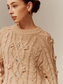 COMMENSE Sweater Tops|Sweaters & Cardigans^Rhinestone Pullover Twist Sweater Khaki