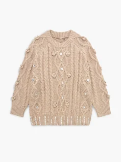 COMMENSE Sweater Tops|Sweaters & Cardigans^Rhinestone Pullover Twist Sweater Khaki