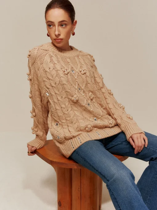 COMMENSE Sweater Tops|Sweaters & Cardigans^Rhinestone Pullover Twist Sweater Khaki
