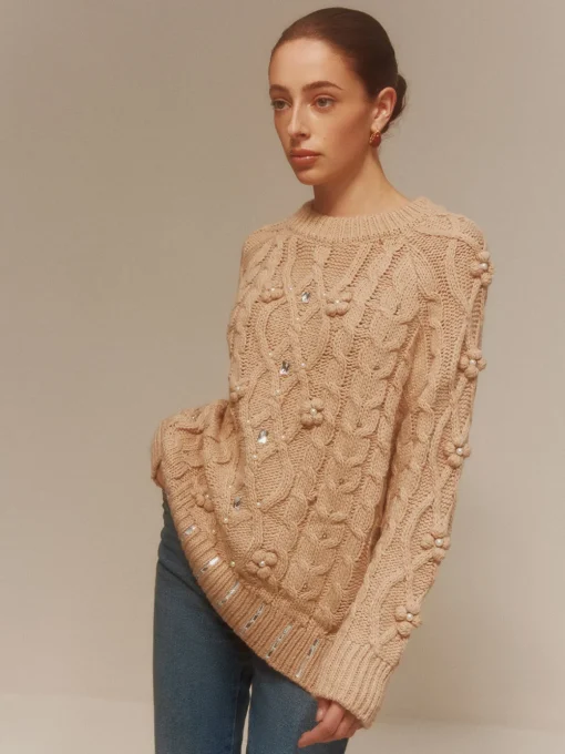 COMMENSE Sweater Tops|Sweaters & Cardigans^Rhinestone Pullover Twist Sweater Khaki