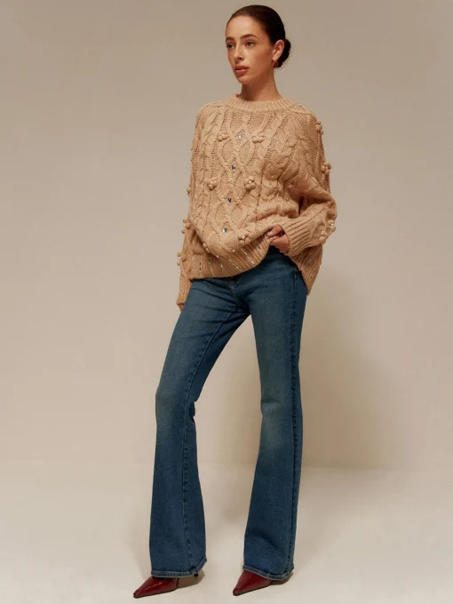 COMMENSE Sweater Tops|Sweaters & Cardigans^Rhinestone Pullover Twist Sweater Khaki