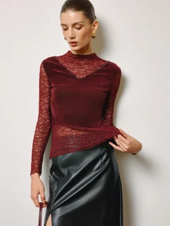 COMMENSE Tops^Rhinestone Velvet Panel Lace Slim Top Burgundy
