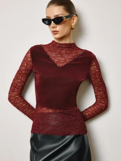 COMMENSE Tops^Rhinestone Velvet Panel Lace Slim Top Burgundy