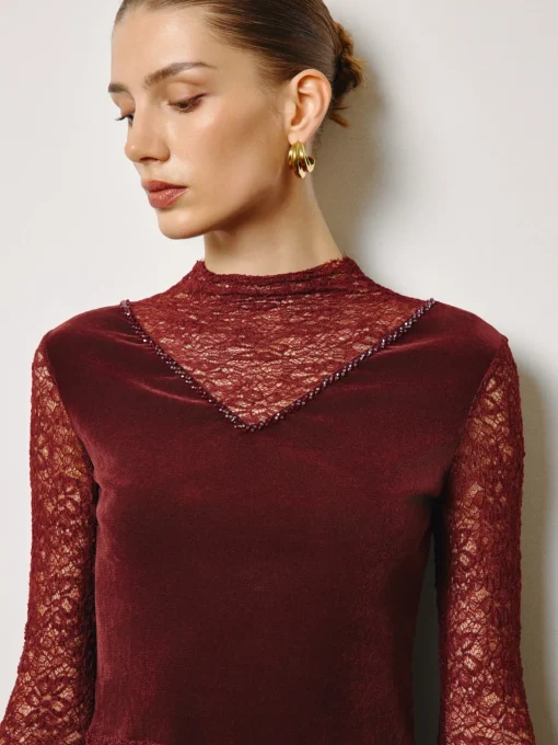 COMMENSE Tops^Rhinestone Velvet Panel Lace Slim Top Burgundy