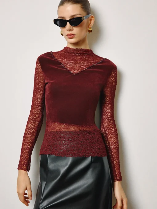 COMMENSE Tops^Rhinestone Velvet Panel Lace Slim Top Burgundy