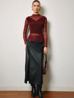 COMMENSE Tops^Rhinestone Velvet Panel Lace Slim Top Burgundy