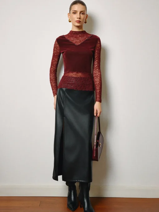 COMMENSE Tops^Rhinestone Velvet Panel Lace Slim Top Burgundy