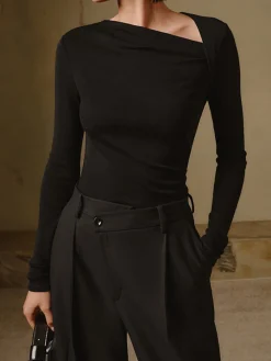 COMMENSE T-shirts|Knitwear^Ribbed Knit Long Sleeve Asymmetric Shirt Black