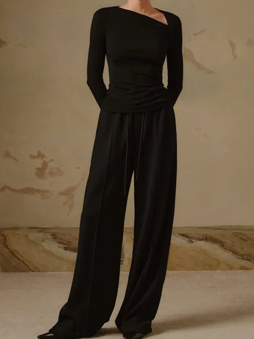 COMMENSE T-shirts|Knitwear^Ribbed Knit Long Sleeve Asymmetric Shirt Black