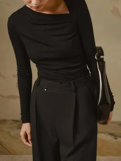 COMMENSE T-shirts|Knitwear^Ribbed Knit Long Sleeve Asymmetric Shirt Black