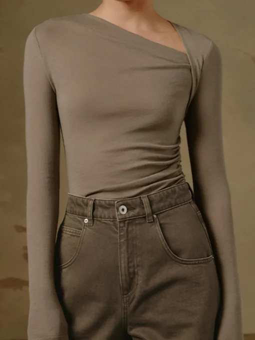 COMMENSE T-shirts|Knitwear^Ribbed Knit Long Sleeve Asymmetric Shirt Black