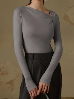 COMMENSE T-shirts|Knitwear^Ribbed Knit Long Sleeve Asymmetric Shirt Black