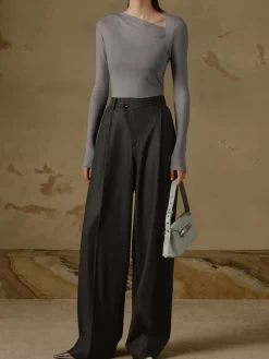 COMMENSE T-shirts|Knitwear^Ribbed Knit Long Sleeve Asymmetric Shirt Black