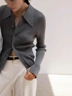 COMMENSE Cardigans|Sweaters & Cardigans^Ribbed Lapel Slim Cardigan Grey