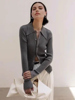 COMMENSE Cardigans|Sweaters & Cardigans^Ribbed Lapel Slim Cardigan Grey