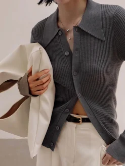 COMMENSE Cardigans|Sweaters & Cardigans^Ribbed Lapel Slim Cardigan Grey