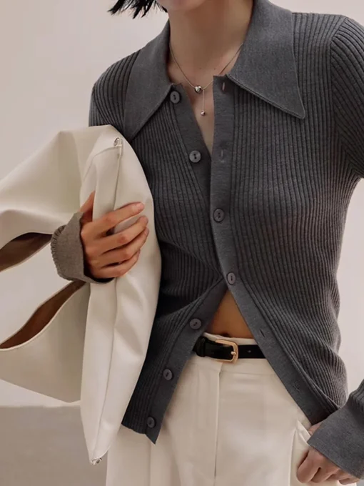 COMMENSE Cardigans|Sweaters & Cardigans^Ribbed Lapel Slim Cardigan Grey