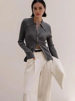 COMMENSE Cardigans|Sweaters & Cardigans^Ribbed Lapel Slim Cardigan Grey