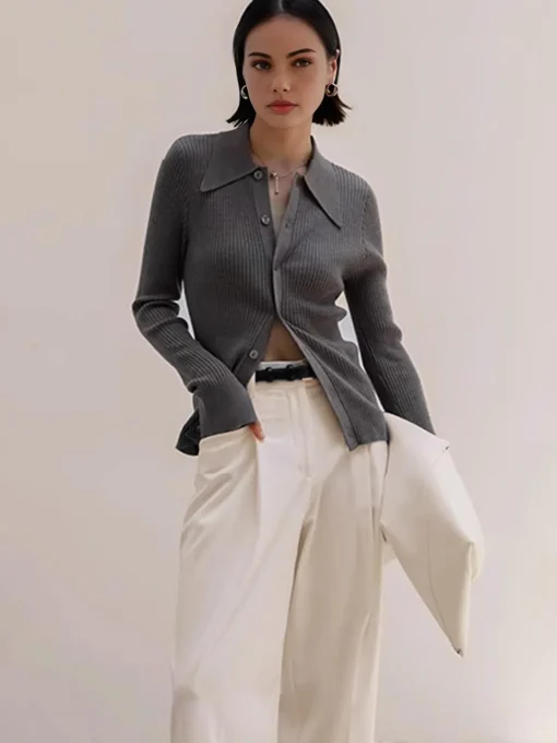 COMMENSE Cardigans|Sweaters & Cardigans^Ribbed Lapel Slim Cardigan Grey