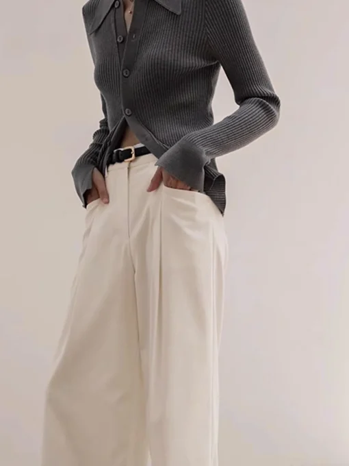 COMMENSE Cardigans|Sweaters & Cardigans^Ribbed Lapel Slim Cardigan Grey