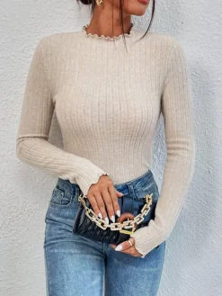 COMMENSE Bodysuits|Bodysuits^Ribbed Lettuce Trim Slim Bodysuit Khaki