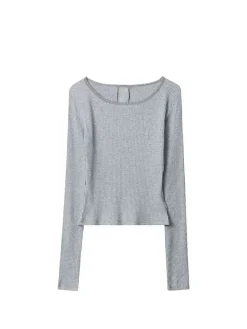 COMMENSE Blouses & Shirts|Tops^Ribbed Panel Lace Slim Blouse LightGrey