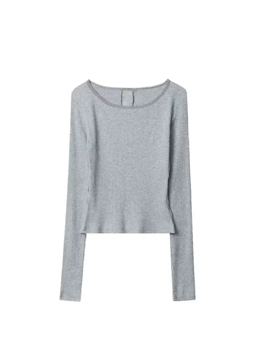 COMMENSE Blouses & Shirts|Tops^Ribbed Panel Lace Slim Blouse LightGrey