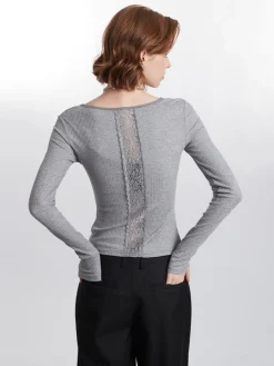 COMMENSE Blouses & Shirts|Tops^Ribbed Panel Lace Slim Blouse LightGrey