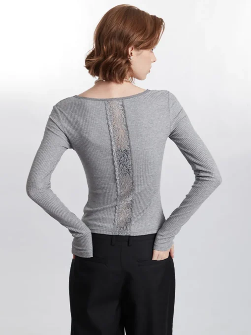 COMMENSE Blouses & Shirts|Tops^Ribbed Panel Lace Slim Blouse LightGrey