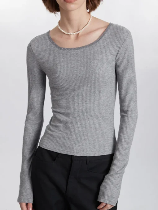 COMMENSE Blouses & Shirts|Tops^Ribbed Panel Lace Slim Blouse LightGrey