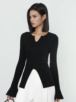 COMMENSE Sweater Tops|Sweaters & Cardigans^Ribbed Split Ruffle Knit Top Black