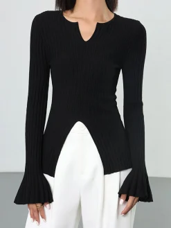 COMMENSE Sweater Tops|Sweaters & Cardigans^Ribbed Split Ruffle Knit Top Black