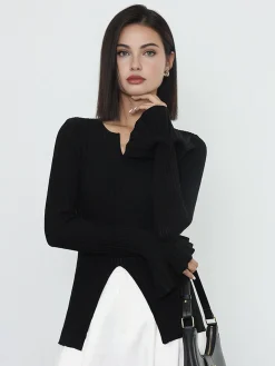 COMMENSE Sweater Tops|Sweaters & Cardigans^Ribbed Split Ruffle Knit Top Black