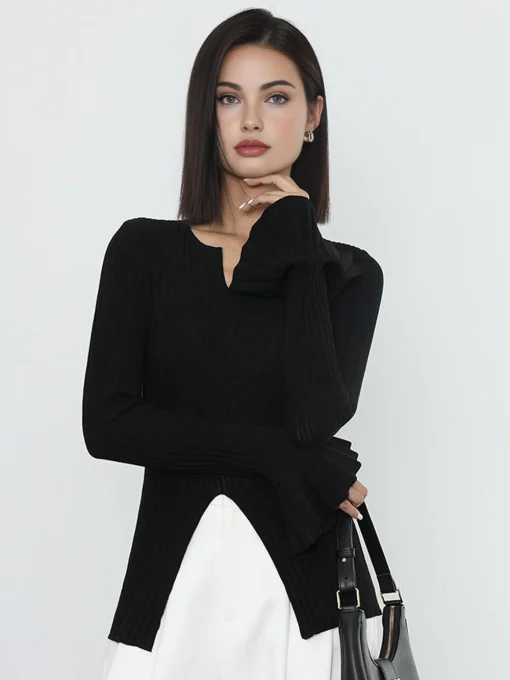 COMMENSE Sweater Tops|Sweaters & Cardigans^Ribbed Split Ruffle Knit Top Black