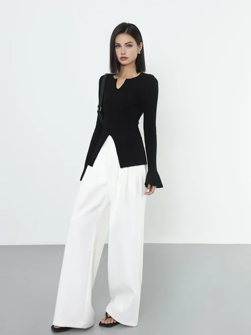 COMMENSE Sweater Tops|Sweaters & Cardigans^Ribbed Split Ruffle Knit Top Black