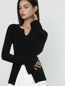 COMMENSE Sweater Tops|Sweaters & Cardigans^Ribbed Split Ruffle Knit Top Black