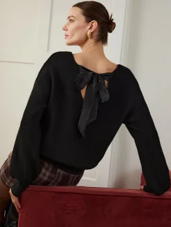 COMMENSE Sweater Tops|Sweaters & Cardigans^Ribbed V-Neck Bow Sweater Black