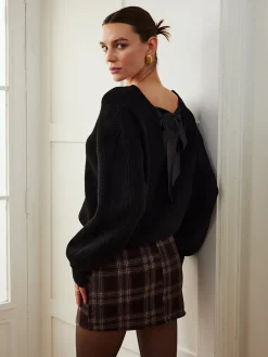 COMMENSE Sweater Tops|Sweaters & Cardigans^Ribbed V-Neck Bow Sweater Black