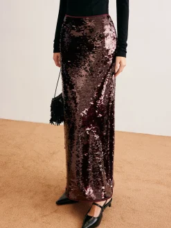 COMMENSE Skirts|Bottoms^Romance Sequins Maxi Skirt Burgundy